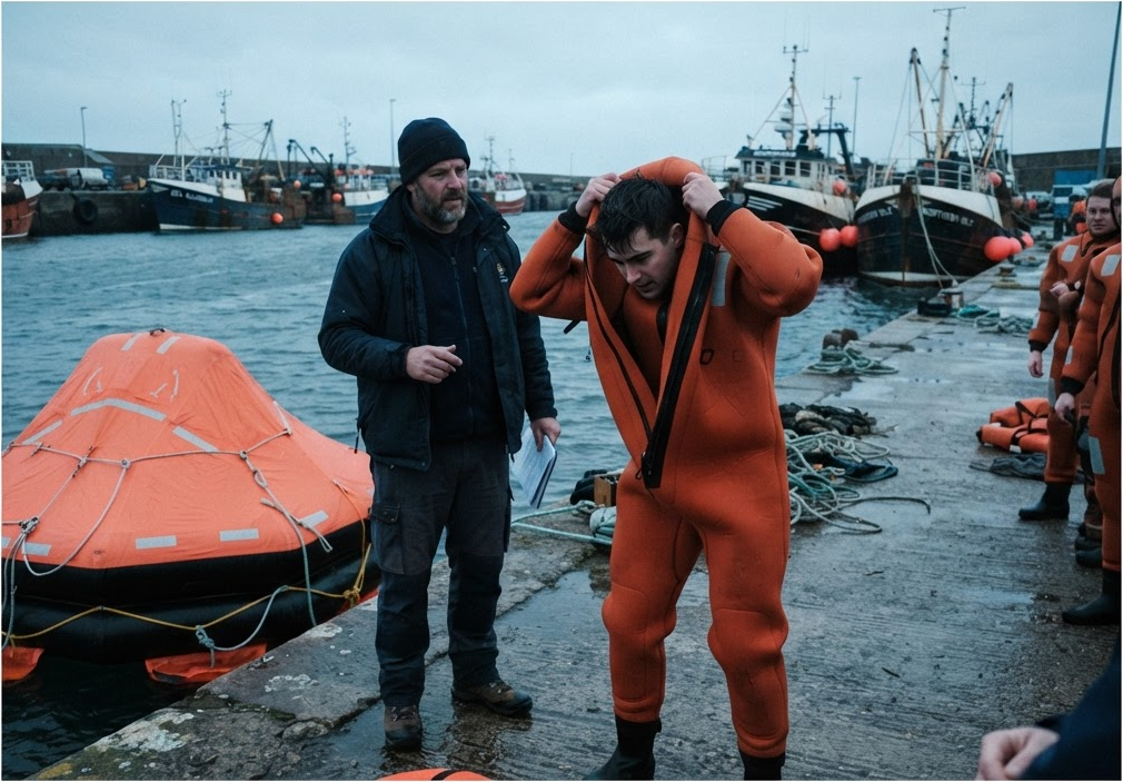 Aprendiz vistiendo un traje de inmersión naranja junto a una balsa salvavidas