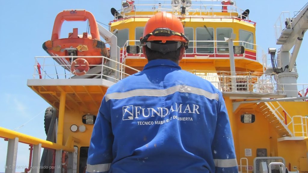Tripulante con uniforme Fundamar en cubierta de un buque